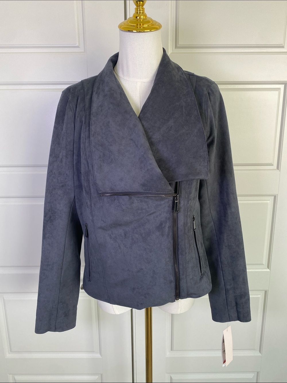NWT BCBGeneration Charcoal Faux Suede Moto Jacket Size M Ruffle Back